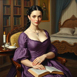 An elegant oil painting in the style of the eighteenth century featuring a lady wearing a modest purple dress that covers her chest