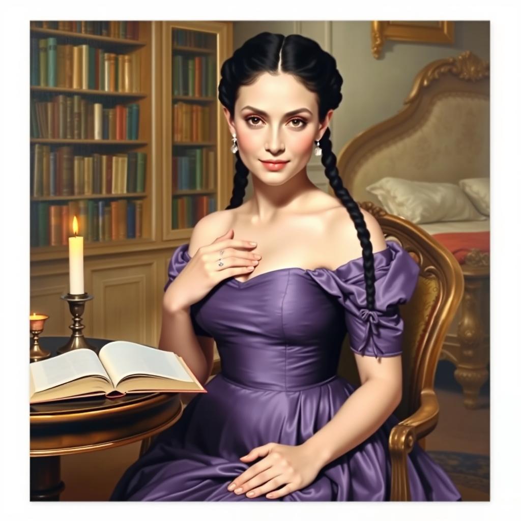 An elegant oil painting in the style of the eighteenth century featuring a lady wearing a modest purple dress that covers her chest