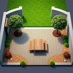 Aerial 3D rendering of a rectangular garden design