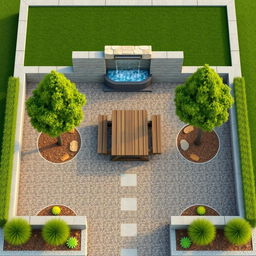 Aerial 3D rendering of a rectangular garden design