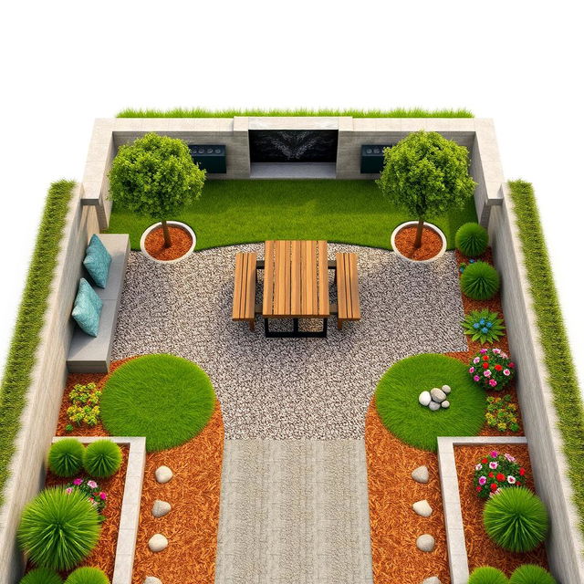 Aerial 3D rendering of a rectangular garden design