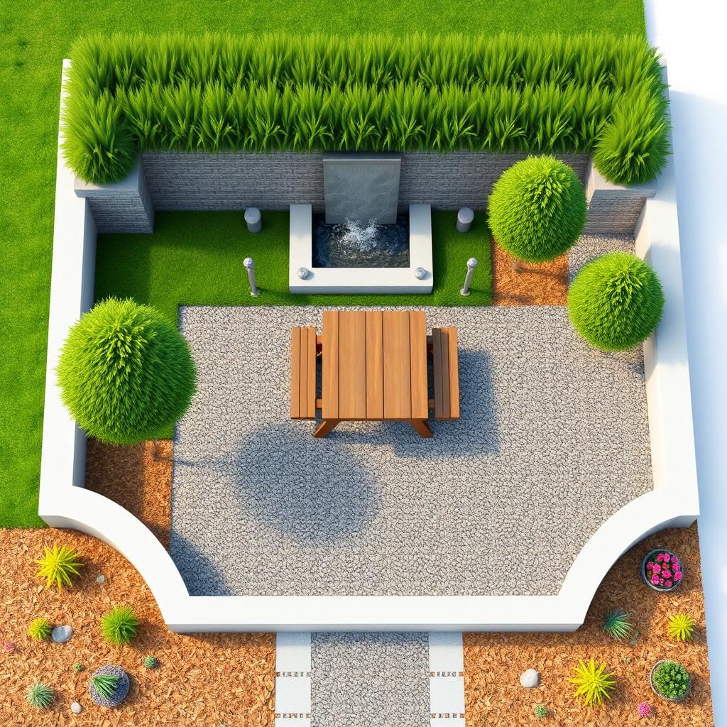 Aerial 3D rendering of a rectangular garden design