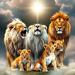 A captivating scene featuring five lions in a dreamy and spiritual environment
