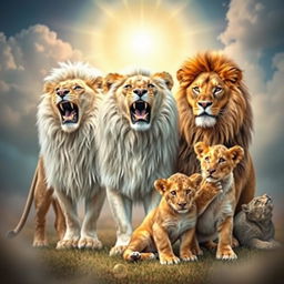 A captivating scene featuring five lions in a dreamy and spiritual environment