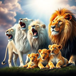 A captivating scene featuring five lions in a dreamy and spiritual environment