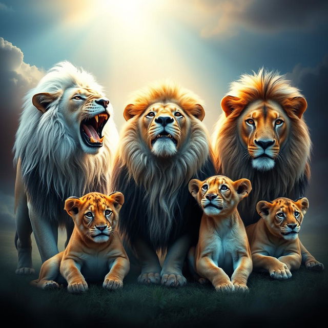 A captivating scene featuring five lions in a dreamy and spiritual environment