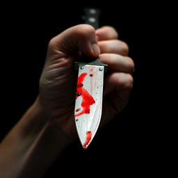 A close-up image of a hand gripping a bloody knife, showcasing the glistening red stains on the blade