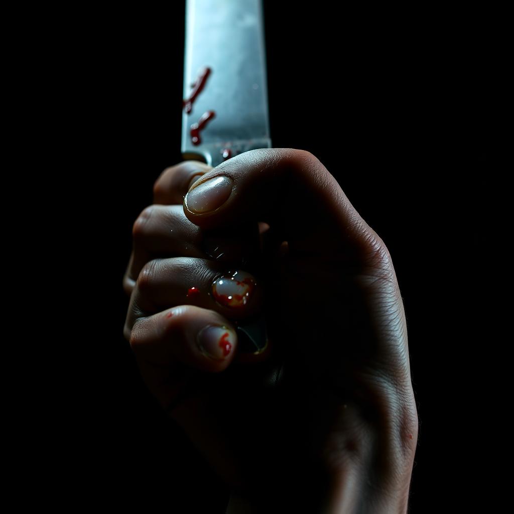 A close-up image of a hand gripping a bloody knife, showcasing the glistening red stains on the blade