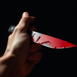 A close-up image of a hand gripping a bloody knife, showcasing the glistening red stains on the blade