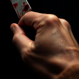 A close-up image of a hand gripping a bloody knife, showcasing the glistening red stains on the blade