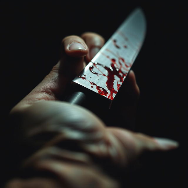 A close-up image of a hand gripping a bloody knife, showcasing intense red stains on the gleaming blade