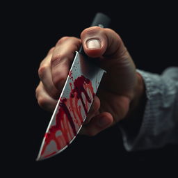 A close-up image of a hand gripping a bloody knife, showcasing intense red stains on the gleaming blade