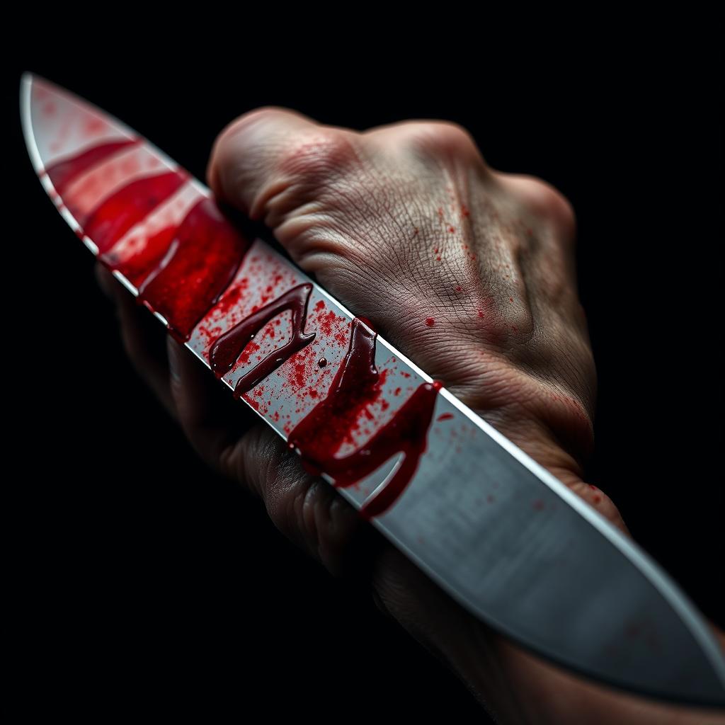 A close-up image of a hand gripping a bloody knife, showcasing intense red stains on the gleaming blade