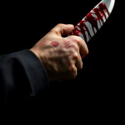 A close-up image of a hand gripping a bloody knife, showcasing intense red stains on the gleaming blade
