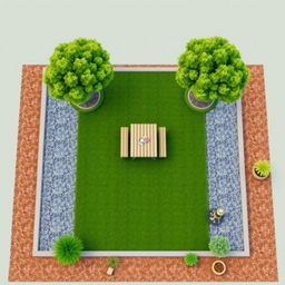 Aerial 3D rendering of a rectangular garden featuring a lush green lawn area, complemented by decorative gravel paths