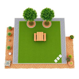 Aerial 3D rendering of a rectangular garden featuring a lush green lawn area, complemented by decorative gravel paths