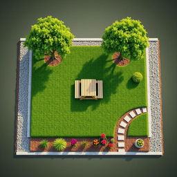 Aerial 3D rendering of a rectangular garden featuring a lush green lawn area, complemented by decorative gravel paths