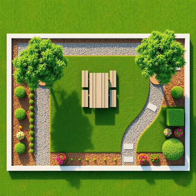 Aerial 3D rendering of a rectangular garden featuring a lush green lawn area, complemented by decorative gravel paths