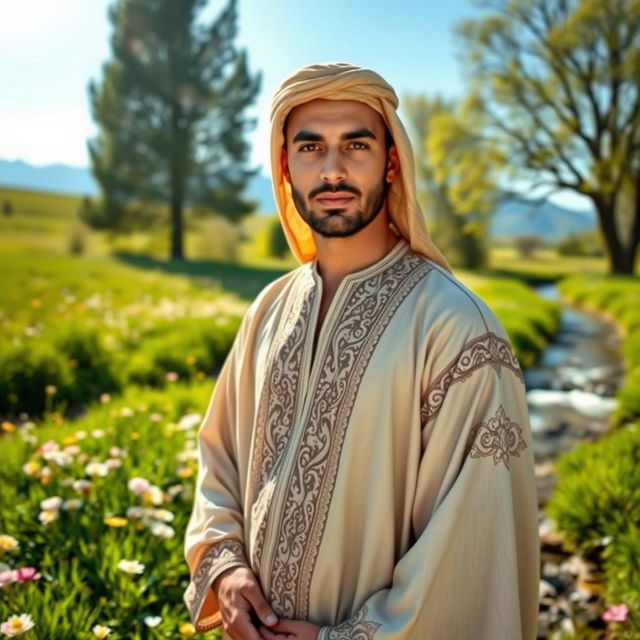 A man wearing traditional clothing, standing confidently in a serene landscape