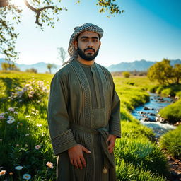 A man wearing traditional clothing, standing confidently in a serene landscape