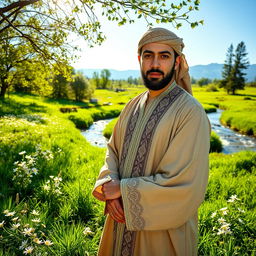 A man wearing traditional clothing, standing confidently in a serene landscape