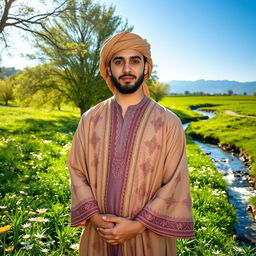 A man wearing traditional clothing, standing confidently in a serene landscape