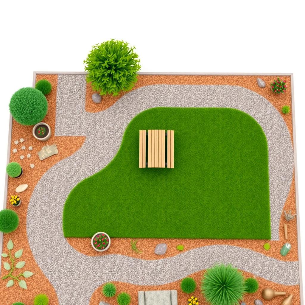 Aerial 3D rendering of a rectangular garden featuring a lush green lawn area, complemented by decorative gravel paths