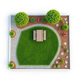 Aerial 3D rendering of a rectangular garden featuring a lush green lawn area, complemented by decorative gravel paths