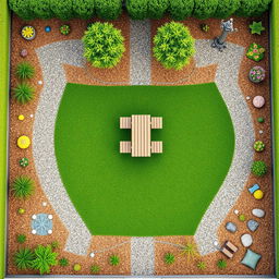 Aerial 3D rendering of a rectangular garden featuring a lush green lawn area, complemented by decorative gravel paths