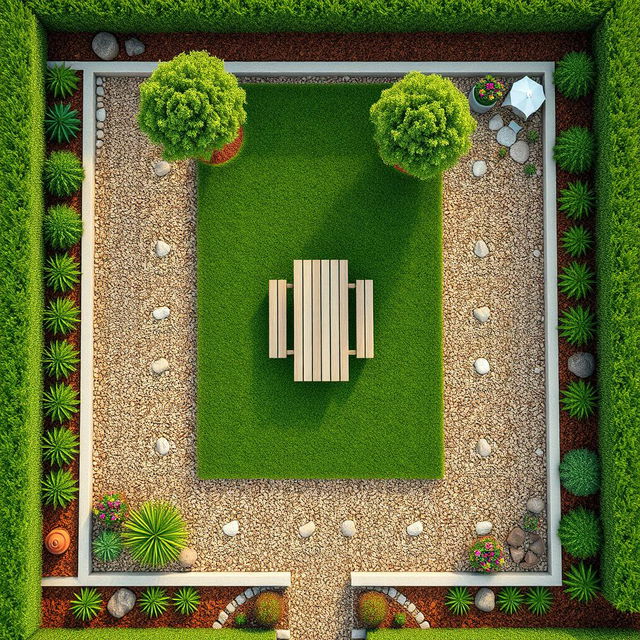 Aerial 3D rendering of a rectangular garden featuring a lush green lawn area, complemented by decorative gravel paths