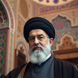 A detailed portrait of Ali Khamenei, the Supreme Leader of Iran, in a formal setting