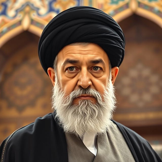 A detailed portrait of Ali Khamenei, the Supreme Leader of Iran, in a formal setting