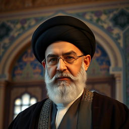 A detailed portrait of Ali Khamenei, the Supreme Leader of Iran, in a formal setting
