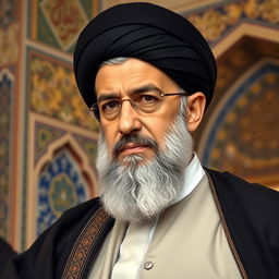 A detailed portrait of Ali Khamenei, the Supreme Leader of Iran, in a formal setting