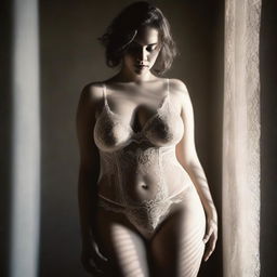 An image, in the style of a high-end fashion photograph, depicts a woman adorned in delicate lace lingerie and stockings