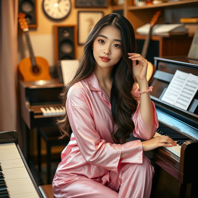 A beautiful Korean woman elegantly posing in a captivating manner, wearing pink pajamas, sitting in a music room while playing the piano