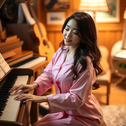 A beautiful Korean woman elegantly posing in a captivating manner, wearing pink pajamas, sitting in a music room while playing the piano
