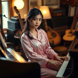 A beautiful Korean woman elegantly posing in a captivating manner, wearing pink pajamas, sitting in a music room while playing the piano