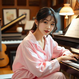 A beautiful Korean woman elegantly posing in a captivating manner, wearing pink pajamas, sitting in a music room while playing the piano