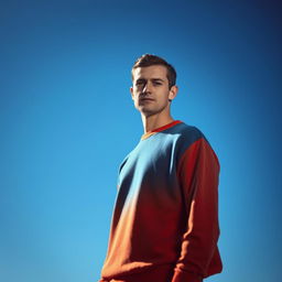 A portrait of a man standing in front of an infinite blue sky, wearing a vibrant yet minimal sweater with distinct sleeves