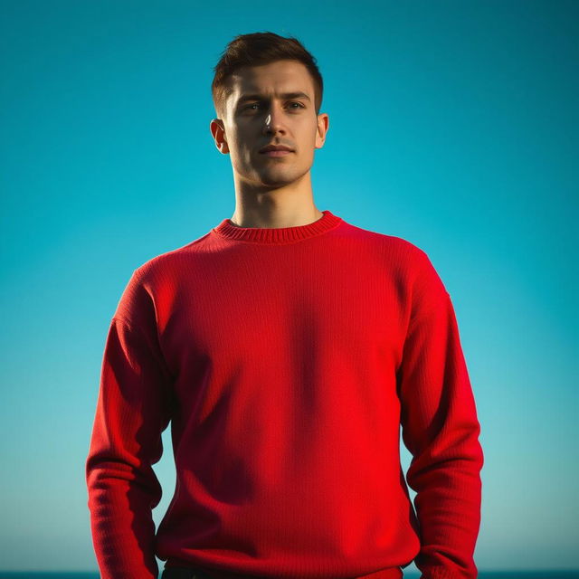 A portrait of a man standing in front of an infinite blue sky, wearing a vibrant yet minimal sweater with distinct sleeves