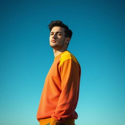 A portrait of a man standing in front of an infinite blue sky, wearing a vibrant yet minimal sweater with distinct sleeves