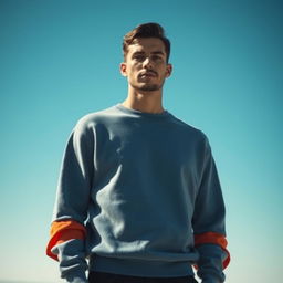 A portrait of a man standing in front of an infinite blue sky, wearing a vibrant yet minimal sweater with distinct sleeves