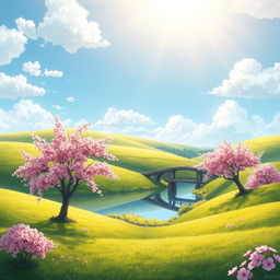 A serene and enchanting portrayal of the Esconar illustration, showcasing a peaceful landscape with rolling hills, lush green meadows, and a tranquil body of water reflecting the sky