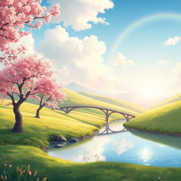 A serene and enchanting portrayal of the Esconar illustration, showcasing a peaceful landscape with rolling hills, lush green meadows, and a tranquil body of water reflecting the sky