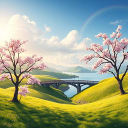 A serene and enchanting portrayal of the Esconar illustration, showcasing a peaceful landscape with rolling hills, lush green meadows, and a tranquil body of water reflecting the sky