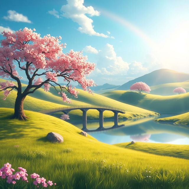 A serene and enchanting portrayal of the Esconar illustration, showcasing a peaceful landscape with rolling hills, lush green meadows, and a tranquil body of water reflecting the sky