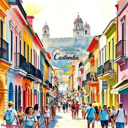 A vibrant and detailed scene showcasing the historical city of Cartagena, Colombia, complete with its colorful colonial architecture and bustling streets filled with life
