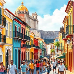 A vibrant and detailed scene showcasing the historical city of Cartagena, Colombia, complete with its colorful colonial architecture and bustling streets filled with life