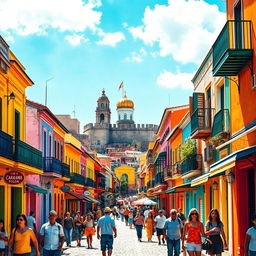 A vibrant and detailed scene showcasing the historical city of Cartagena, Colombia, complete with its colorful colonial architecture and bustling streets filled with life